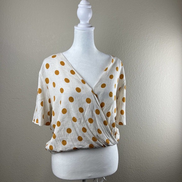 Lumiere Top Women Large Linen Blend‎ Polka Dot Flutter Sleeve Crop Wrap Top - Picture 1 of 13